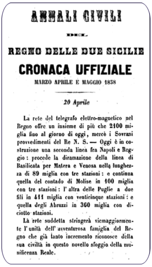 Sviluppo linee telegrafiche all'aprile 1858 