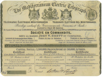 certificato azionario delle "Mediterranean Electric Telegraph"