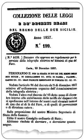 Regolamento per la telegrafia elettrica nei domini al di quà del Faro (1857)