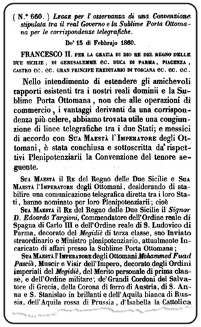 frontespizio ratifica convenzione telegrafica tra regno delle Due Sicilie e Impero Ottomano
