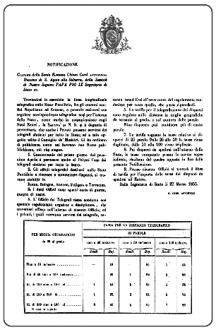 Apertura linee telegrafiche: Decreto segreteria Stato potificia del 27 marzo 1855